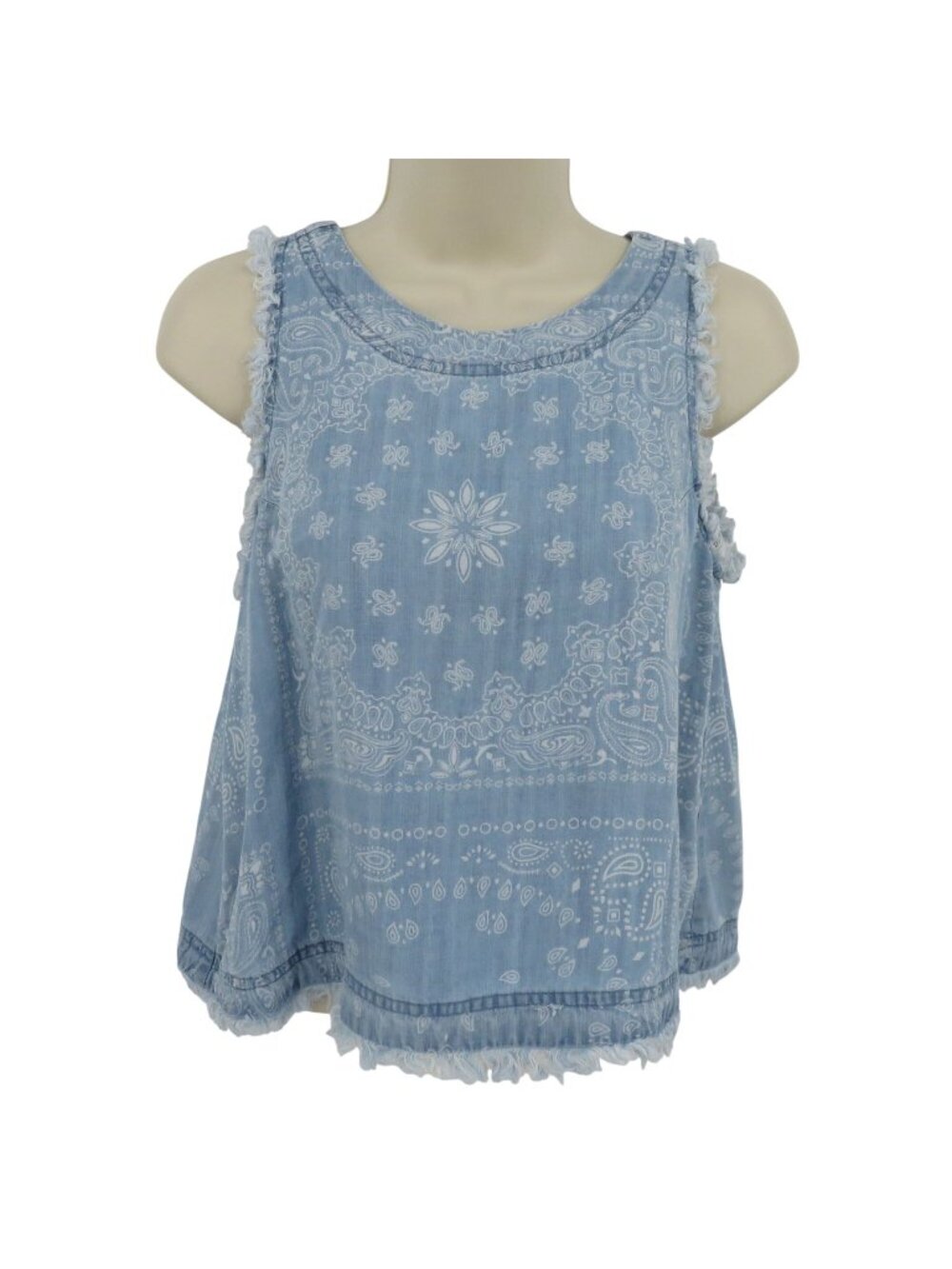 Tahari Women Extra Small XS Blue Paisley Bandana Print Chambray Button Shirt Top